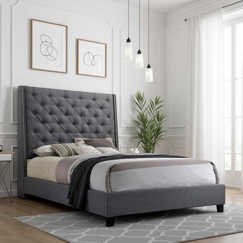 Maze Queen Size Bed, Button Tufted, Nailhead Trim, Gray Fabric Upholstery