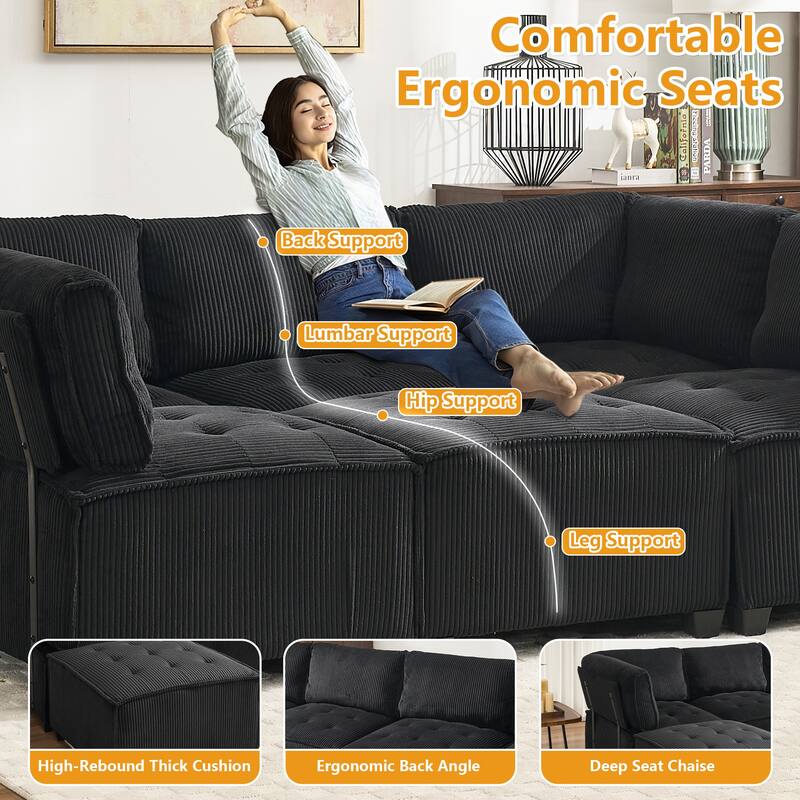 Ergonomic Lounge Modular Couch Corduroy Sectional Sofa with Deep Seat Ottoman Chaise and High-Rebound Thick Cushions
