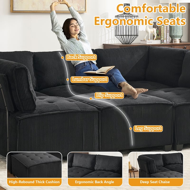 U-Shaped Corduroy Upholstered 6-Seat Convertible Modular Sectional Sofa Fit for Living Room