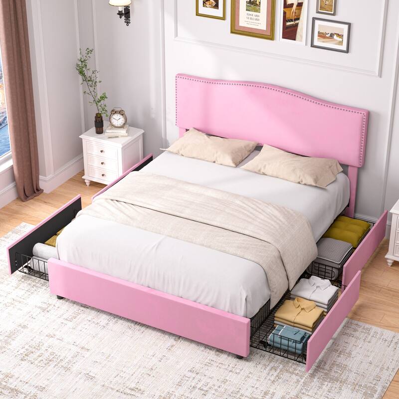 VECELO Upholstered Bed Frame with 4 Storage Drawers Full Queen Heavy Duty Platform with Adjustable Linen Headboard