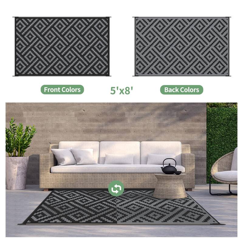 Reversible Outdoor Rug - Geometric Design - Dark Tone - 5'X8'
