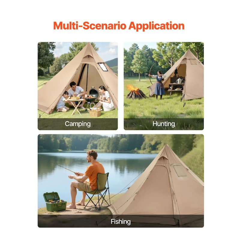Large Pyramid Camping Tent with Stove Jack and Windproof Waterproof 4-Season Outdoor Shelter