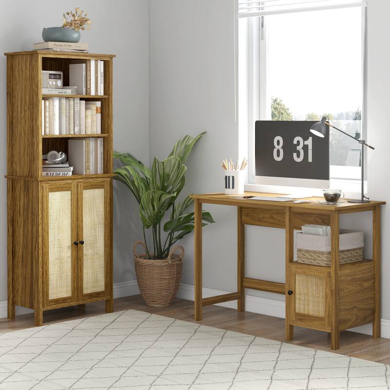 Multi Functional,Bookcase with Cabinet and Open Shelves,Tall Bookshelf,Wooden Bookshelf Features Handcrafted Rattan Door