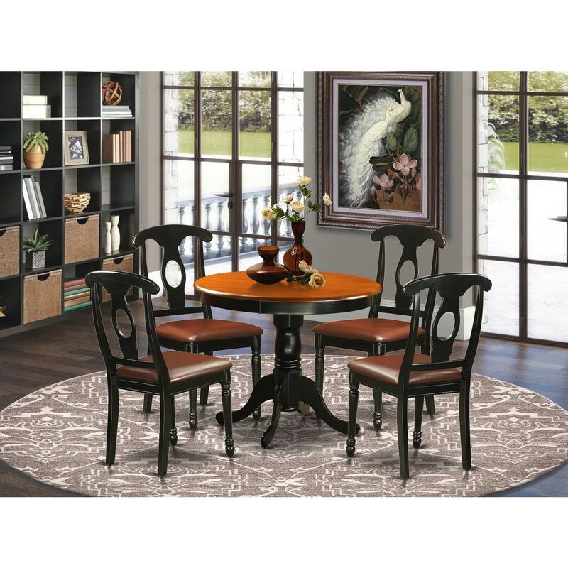 5-Piece Round Black Finish Solid Wood Top Dining table with 4-Chairs with