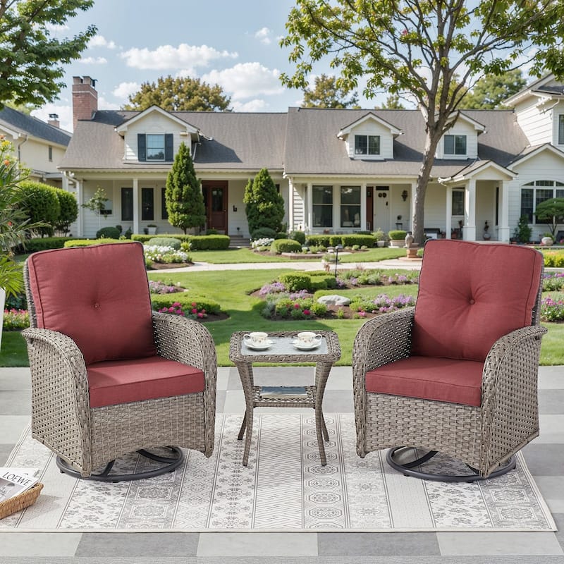 Pocassy Outdoor Wicker Patio Chairs Set - Grey Wicker Red Cushion - 2PCS Swivel Chairs w/ 1PC Side Table