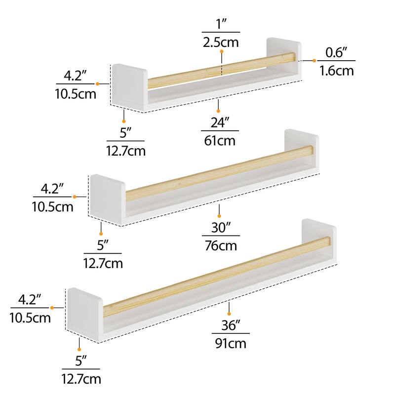 Wallniture Madrid Multisize Kids Bookcases for Wall Décor, 36-30-24", White, Set of 3