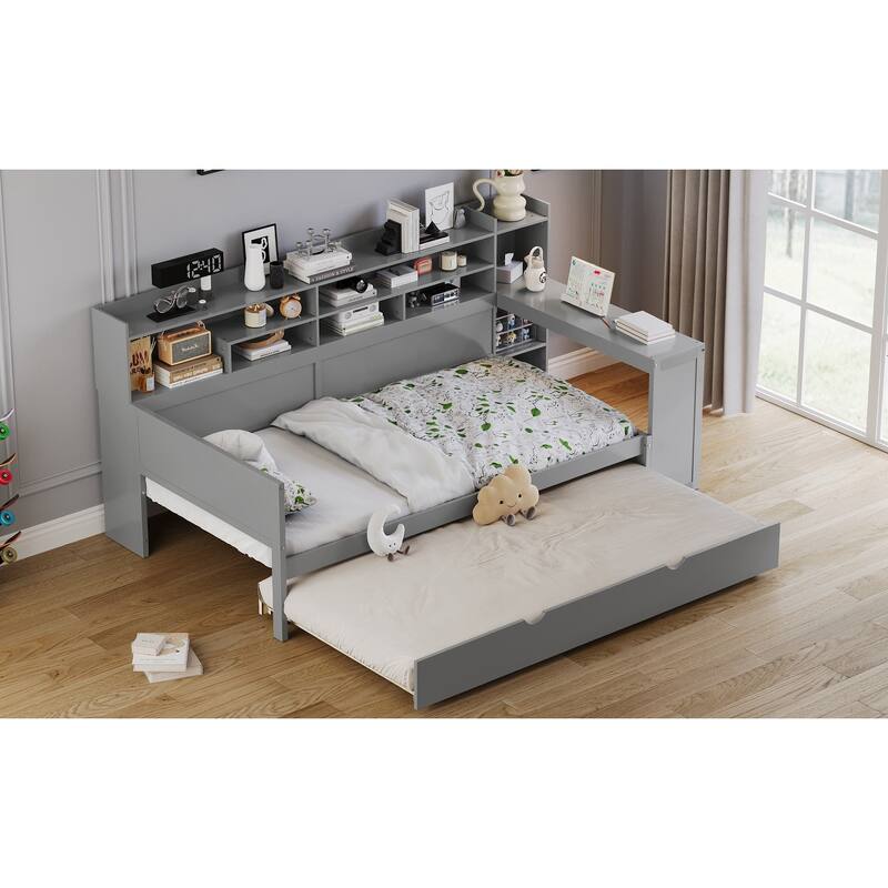 Wooden Twin Size Daybed with Storage Shelves, Multi-functional Bed with Twin Size Trundle Bed and Study Desk, Gray