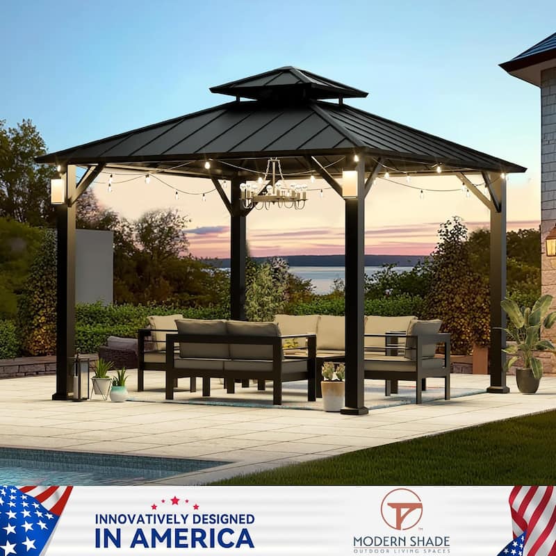 Hardtop Gazebo 10' x 10', Permanent Metal Gazebo with 4 LED Lights, Outdoor Pavilion with Galvanized Steel Roof for Backyard