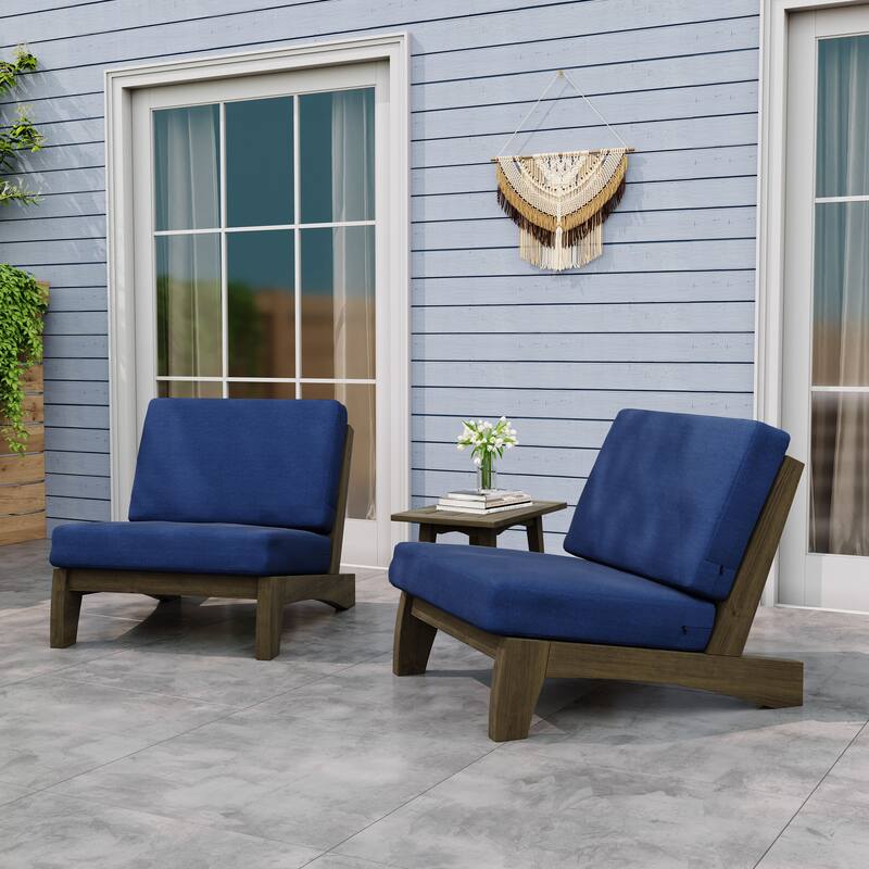 Outdoor Sectional Furniture Teak Conversation Set with Side Table - Brown Wood - Navy/2 Chairs