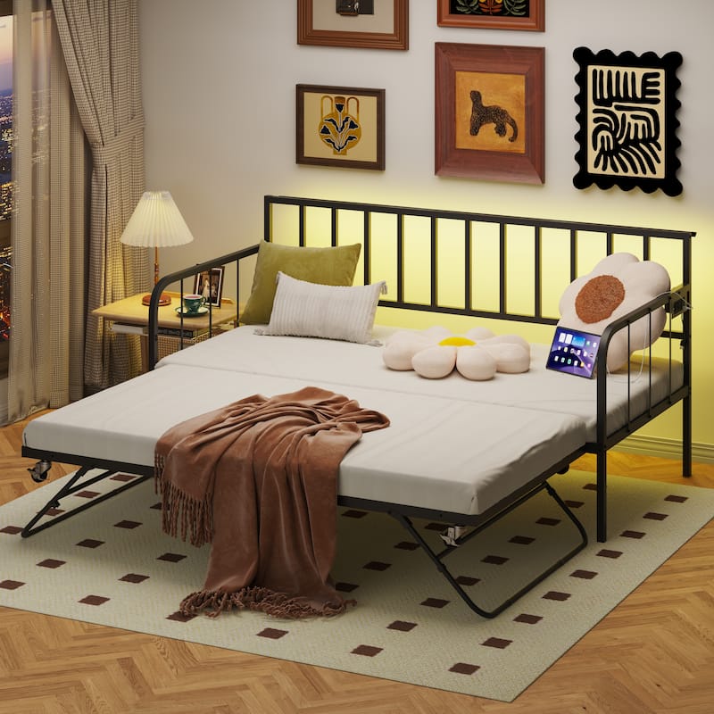 Twin Daybed with Trundle, Metal Trundle Bed, Sofa Bed Frame with Heavy Duty Metal Slats Sppports, Space Saving