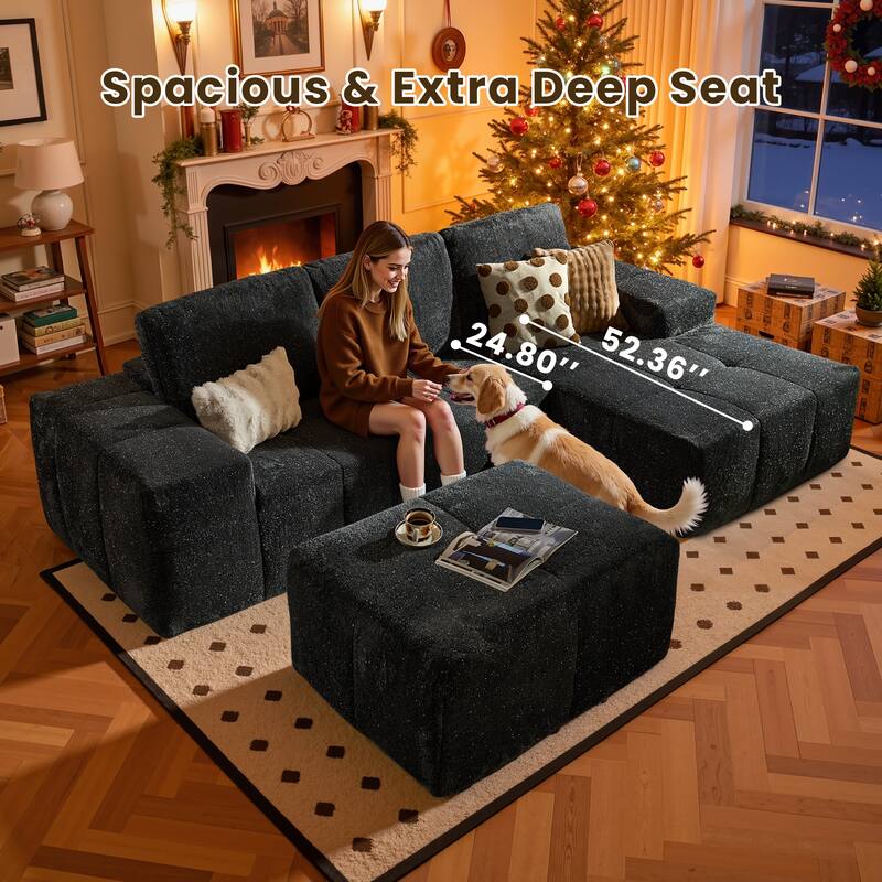 HOOOWOOO Modern Sparkly Velvet Fabric Chaise Sofa Couch with Ottoman