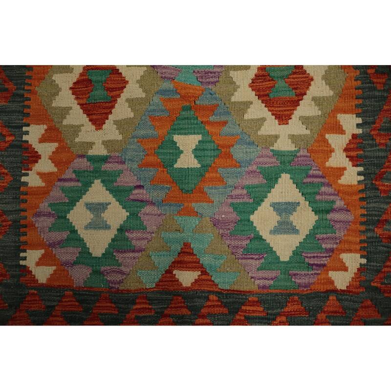 Hand Woven Oriental 100% Wool Carpet Southwestern Geometric Oranges & Rust Kilim Runner Rug - 9' 8'' X 2' 10''