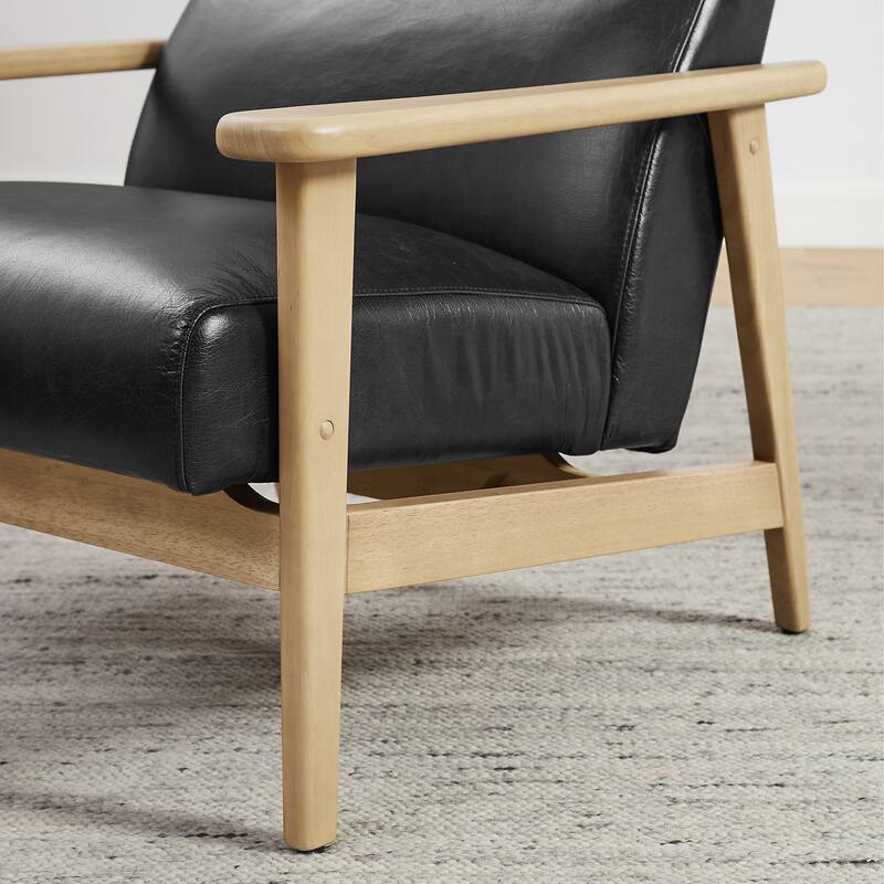 Modern Genuine Leather Accent Armchair with Natural Solid Wood Frame