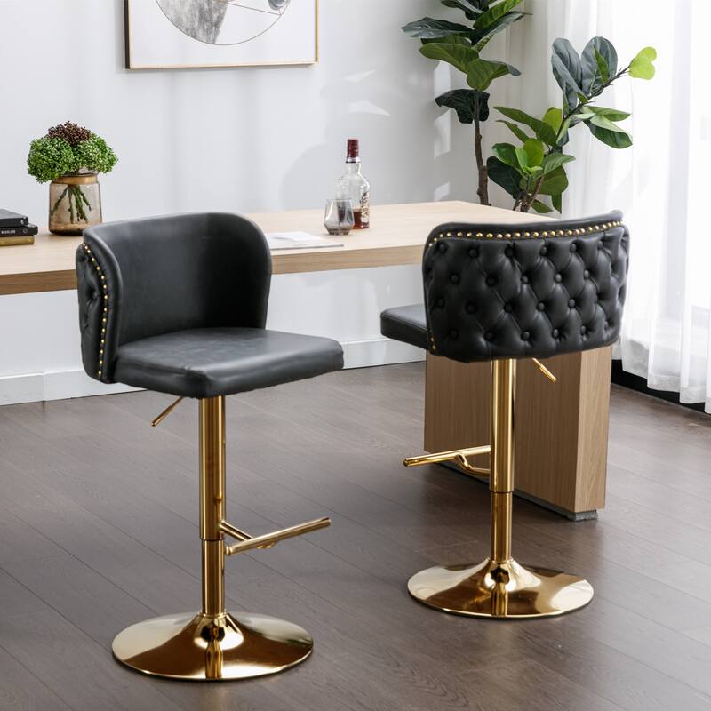 Set of 2 Adjusatble Swivel Bar Stools with PU Leather Tufted Back