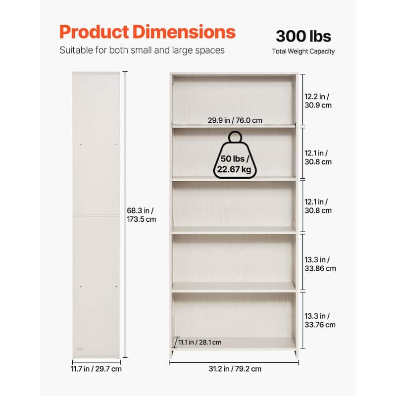 68 Inch Freestanding Versatile 5-Tier Wooden Bookcase with Open Storage Space - 31.2 x 11.7 x 68.3 in