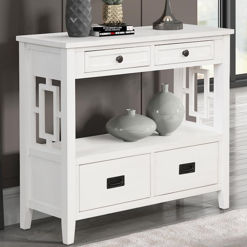 36'' Farmhouse Pine Wood Console Table Entry Sofa Table With 4 Drawers & 1 Storage Shelf