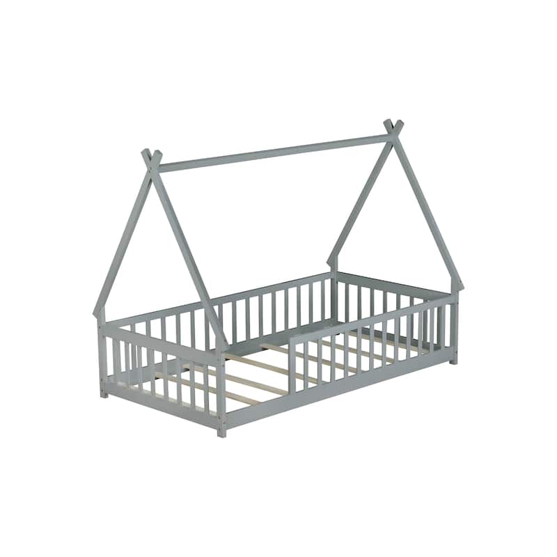 Twin Size Tent Shaped Floor Bed with Guardrails Rubber Wood Low Profile Design