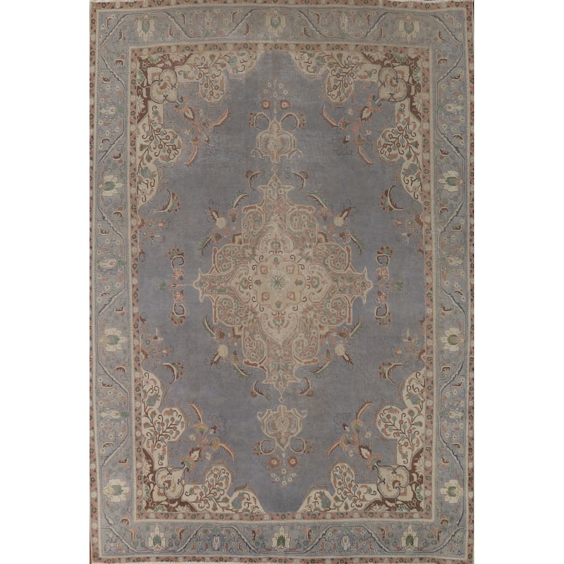 Blue Tabriz Vintage Persian Area Rug Hand-Knotted Wool Carpet - 9'5" x 12'4"