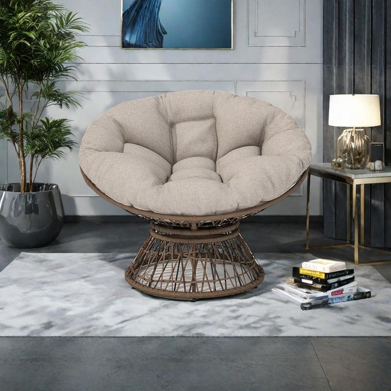 Polyester Wicker Swivel Lounge Chair with Thick Cushion and 360° Rotation - Beige,Brow