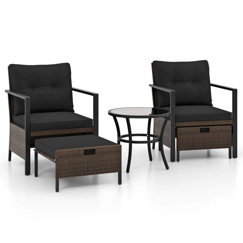 Gymax Set of 5 Furniture Set Rattan Chairs & Ottomans w/ Glass Topped