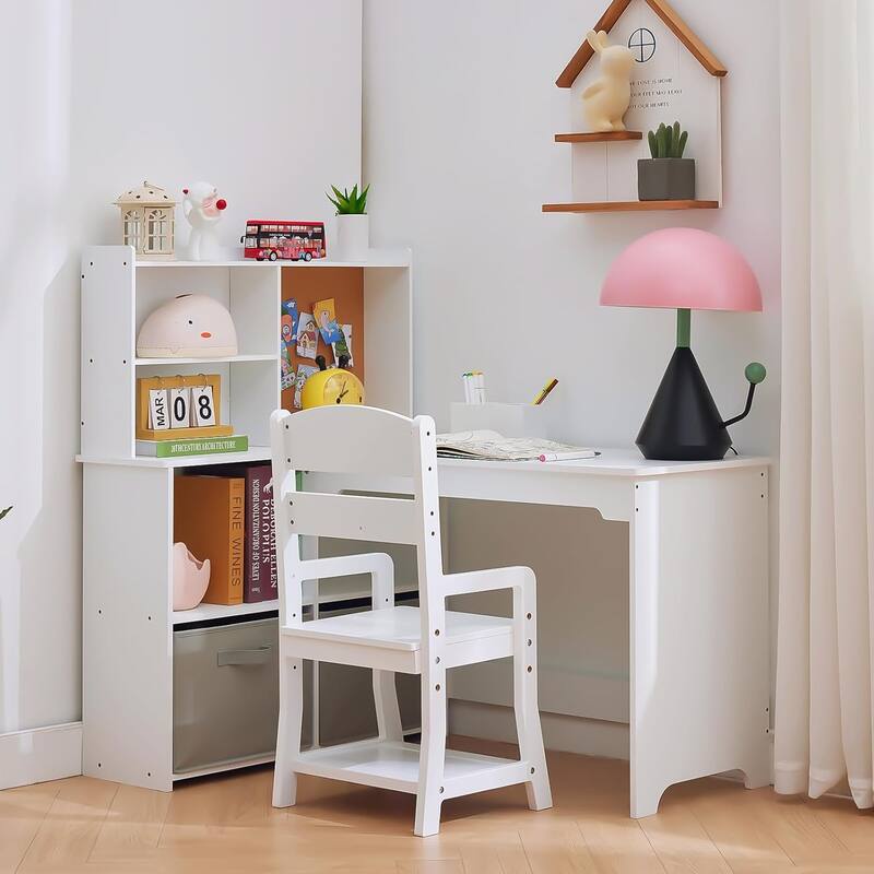 Kids Corner Desk, Desk and Chair Set for Children Features Bulletin Board Open Shelves & Storage Cabinets - White