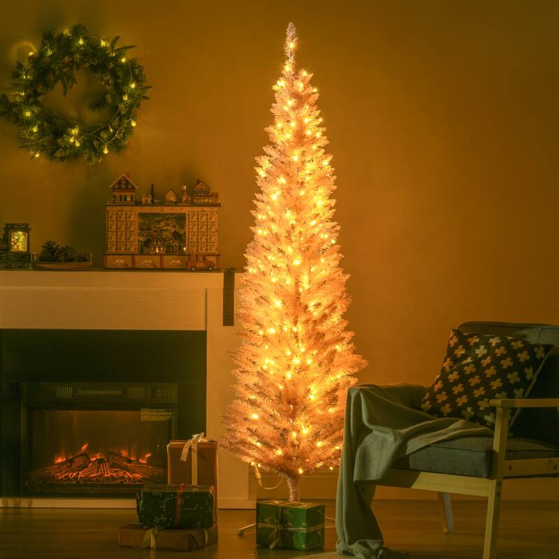 Pre-Lit Pencil Christmas Tree with Warm White LED Lights - 5.9ft Artificial Tree