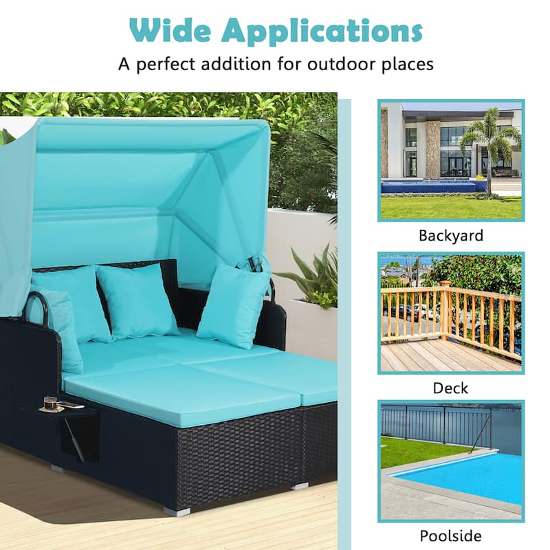 Costway Patio Rattan Daybed Lounge Retractable Top Canopy Side Tables - See Details