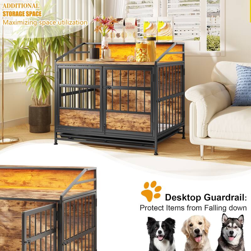2 Doors Multi-Function Furniture Dog Crates with Adjustable Footrest, Wooden Dog Kennel with Pull-Out Tray