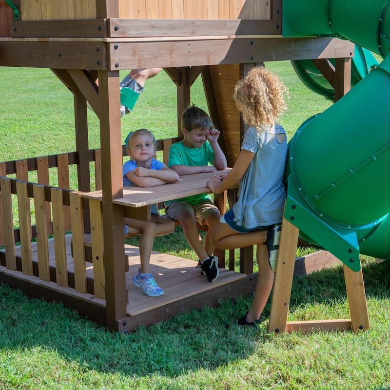 Backyard Discovery Skyfort II Cedar Wood Swing Set, Spiral Tube Slide - 19'5" x 16'9"
