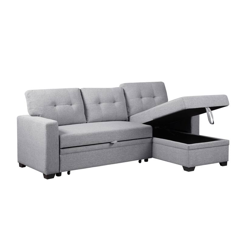 Light Gray Linen Upholstered Pull out Sectional Sofa with Chaise