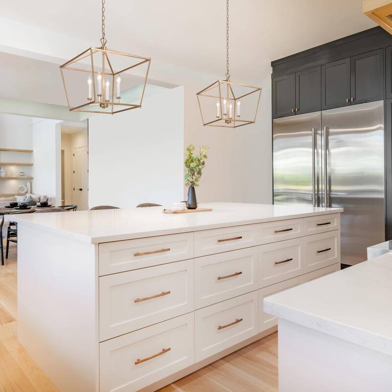 Modern Glam Gold 4-Light Geometric Lantern Cage Chandelier for Foyer - L17.5"*W17.5"*H20"