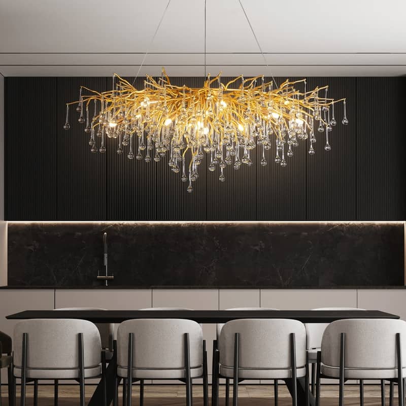 KAYLA 47" 13-Lights Gold Luxury Crystal Linear Chandelier, Modern Tree Branch Chandelier - N/A