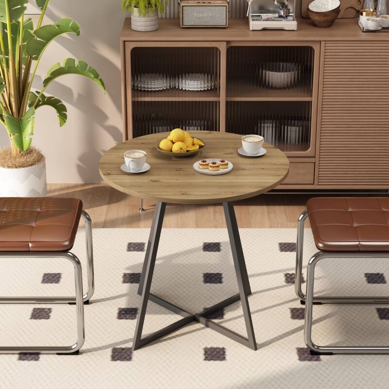 Anmytek Round Dining Table Modern Wood Top and Metal Frame Brown Industrial Kitchen Table