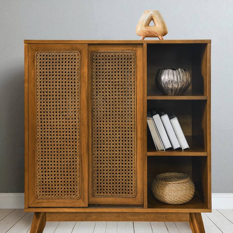 Mid-Century Rattan Sideboard Buffet Cabinet with Adjustable Shelves and Solid Wood Legs for Kitchen or Entryway