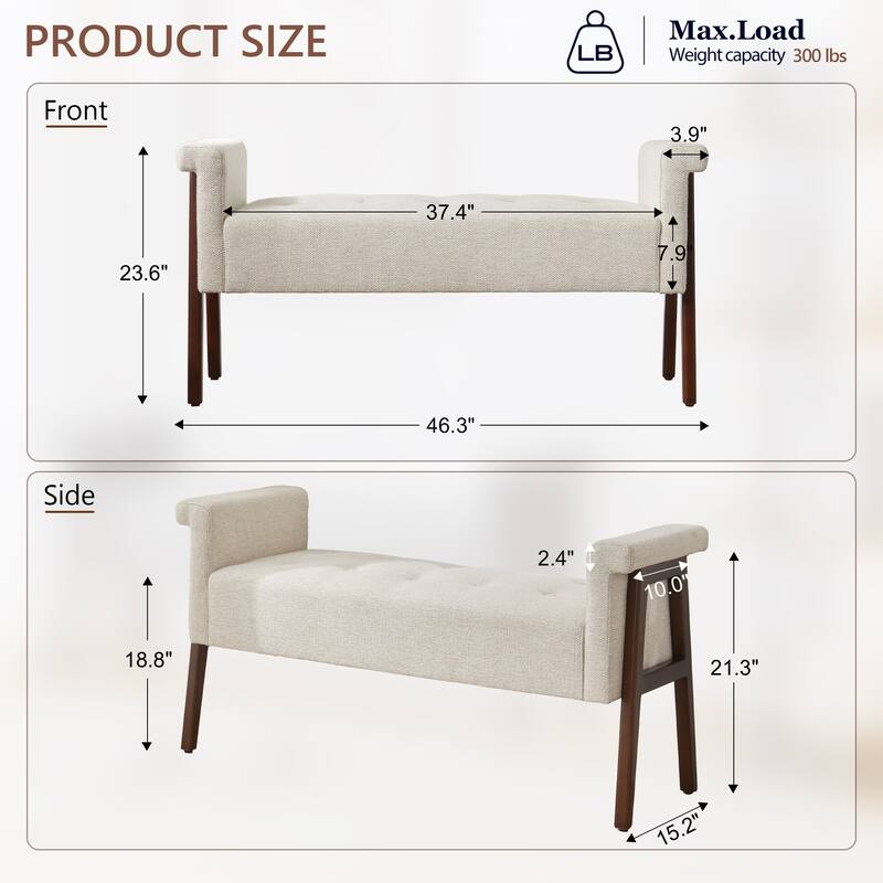 Modern Fabric Upholstered Entryway Storage Bench with Wooden Legs and Armrests