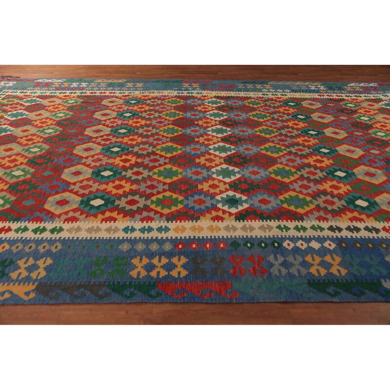Palace Size Geometric Kilim Oriental Rug Hand-Woven Wool Carpet - 9'10"x 16'0"