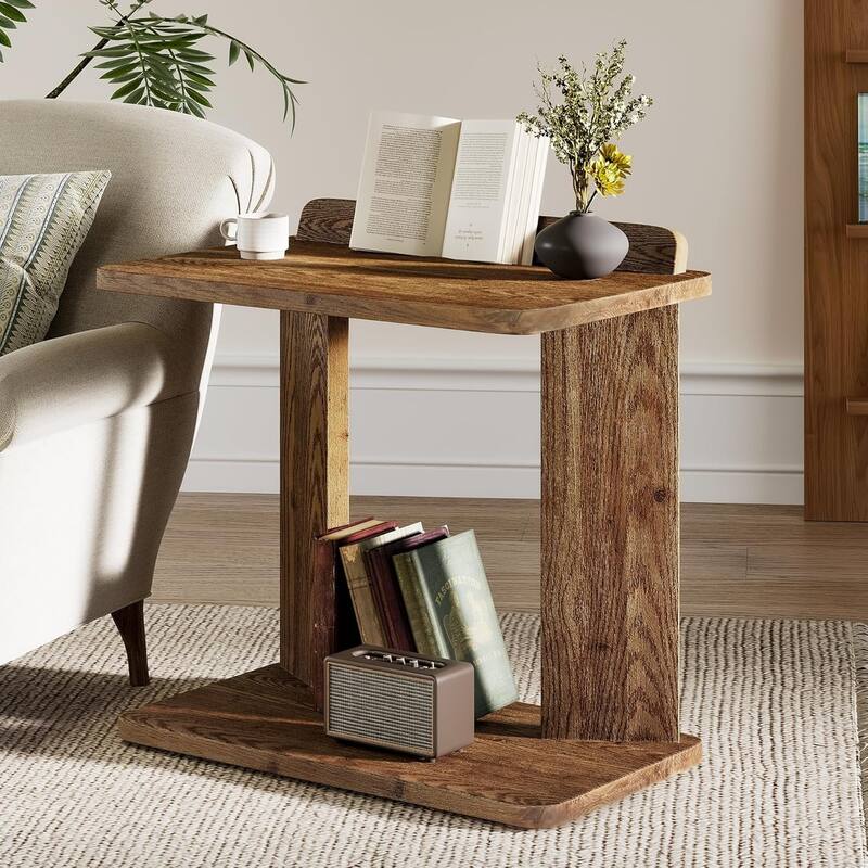 2-Tier Solid Wood Farmhouse C-Shaped End Table with Book Groove & Holder - 25.59"L × 15.75"W × 27.56"H