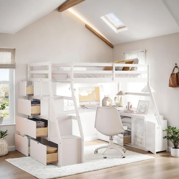 slide 2 of 17, Full Size Playhouse Loft Bed with 7 Drawers 2 Shelves and Desk, White White