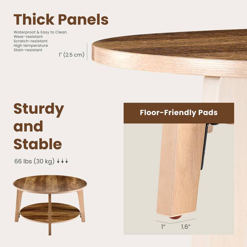 Rossetta Wooden 2-Tier Stable Anti-Slip Design Center Circle Coffee Table - 31.5''x31.5''