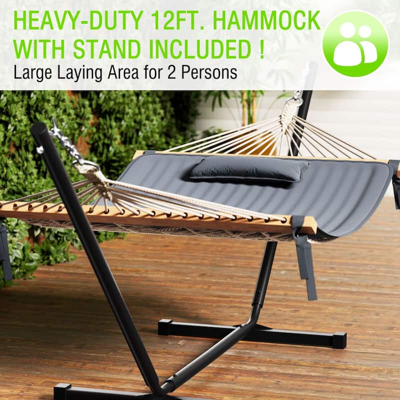 VEIKOUS 12 ft. Quilted Camping Portable Hammock with Stand and Detachable Pillow for 2-Person