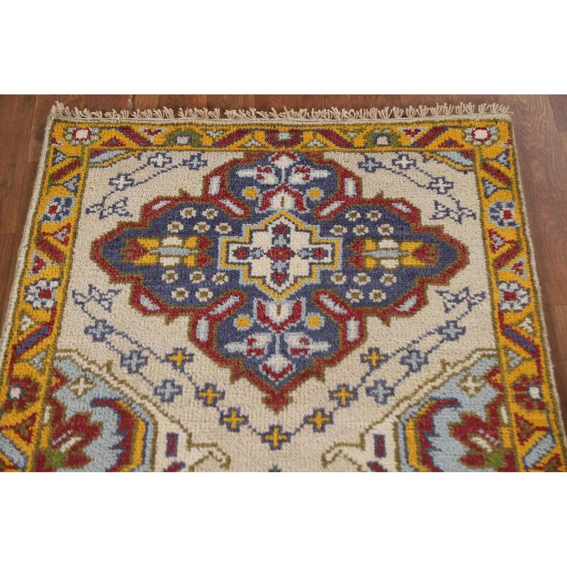 Geometric Beige Kazak Indian Rug Handmade Wool Carpet - 2'7"x 6'0"