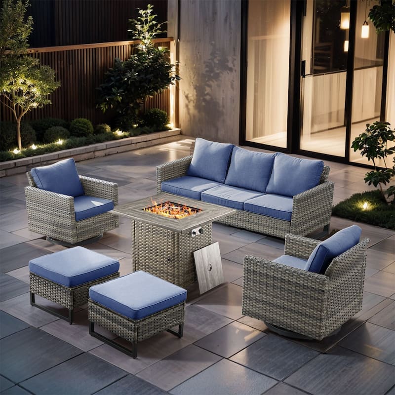6 Pieces Fire Pit Table with Sofa Swivel Chair Ottoman Set - Gray Wicker - Blue cushion