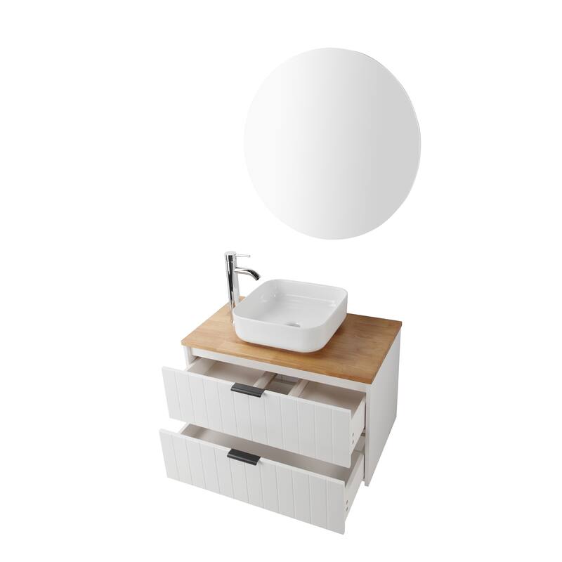 32 Inch White Wall Mount Bathroom Vanity with Double Drawers Solid Wood Top Square Ceramic Sink Modern Minimalist Design"