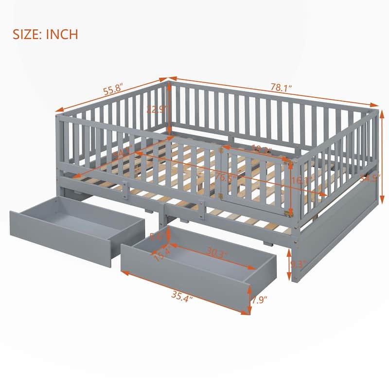 Full Size Wood Daybed with Fence Guardrails and 2 Drawers
