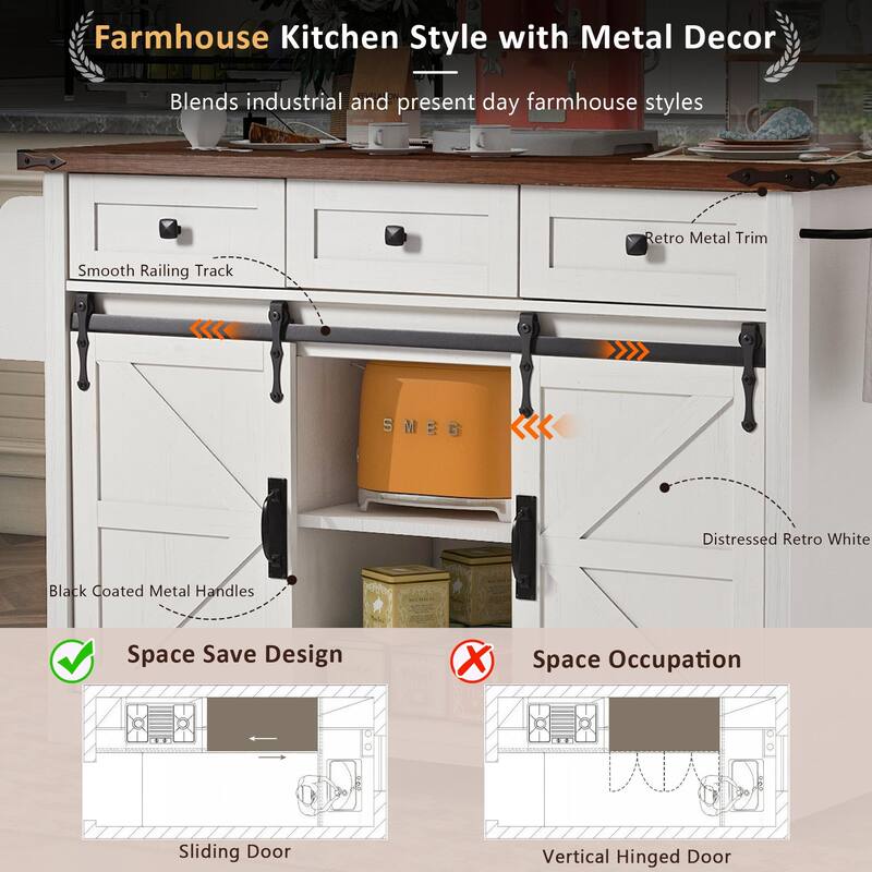Sliding Barn Door Kitchen Island on Wheels w/ Drop Leaf & Power Outlet