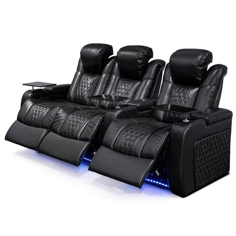 Roomfitters 93.3" Power Recliner 3-Piece Set, Top-Grain Nappa Leather, 15-Color RGB LED & USB-C Charging, Black