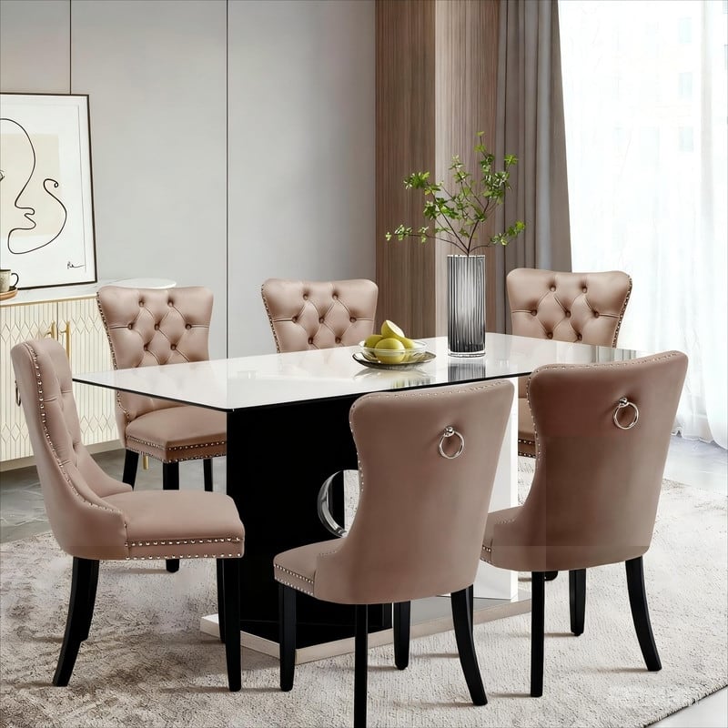 Solid Wood Velvet Upholstered Dining Chair Set of 6 - Khaki