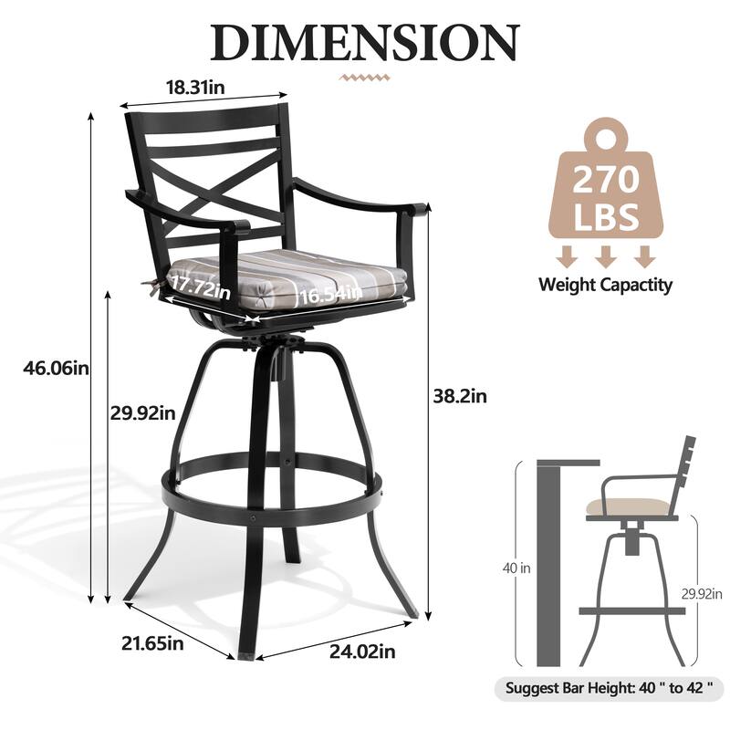 All-Weather Patio Outdoor Indoor Aluminum Swivel Bar Stools with Sunbrella Cushion