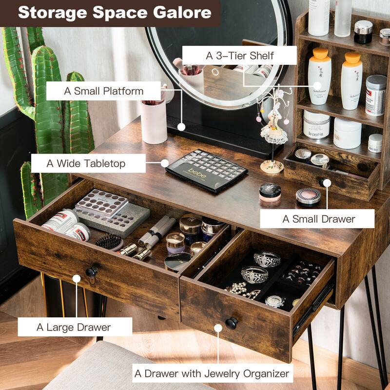Gymax Vanity Table Set Lighted Mirror Storage Drawer Shelf Cushion
