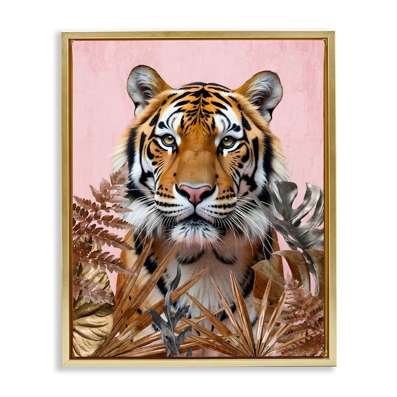 Stupell Fierce Tiger on Pink Framed Floater Canvas Wall Art Design By Kim Allen - 25 x 31 - Gold